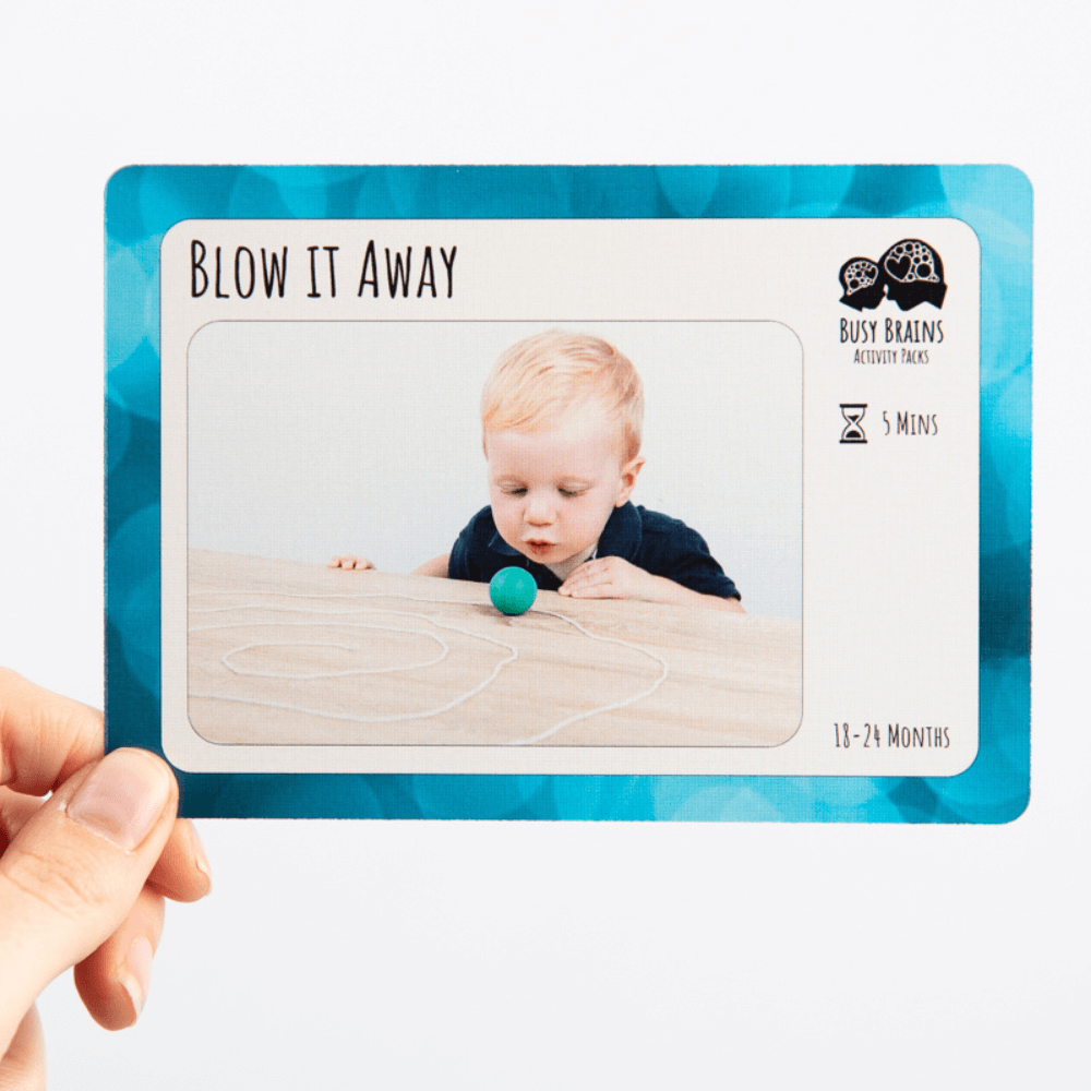 Toddler activity card blowing ball game Busy Brains 18–24 months