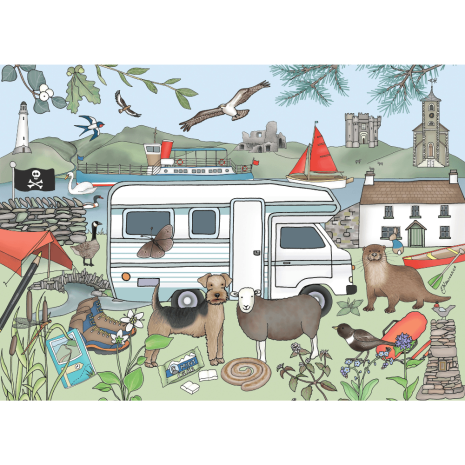Lake District campervan illustration with countryside landmarks and animals